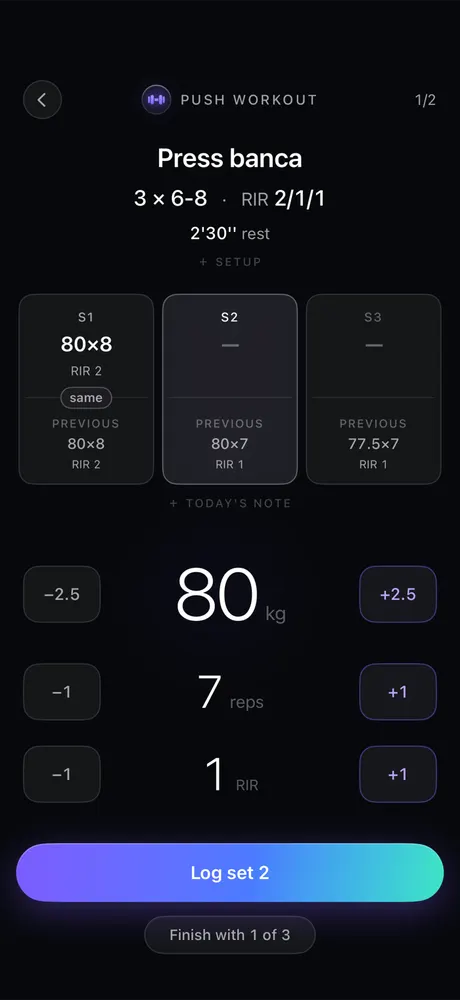 Logging a bench press set: 80 kg, 7 reps, RIR 1