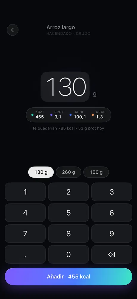 Añadir 130 g de arroz con el teclado: 455 kcal y sus macros calculados al momento