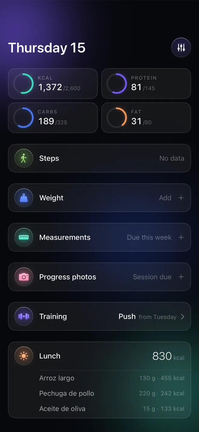 Umbral's Today screen: the day's calories and macros, weight, measurements, training and meals