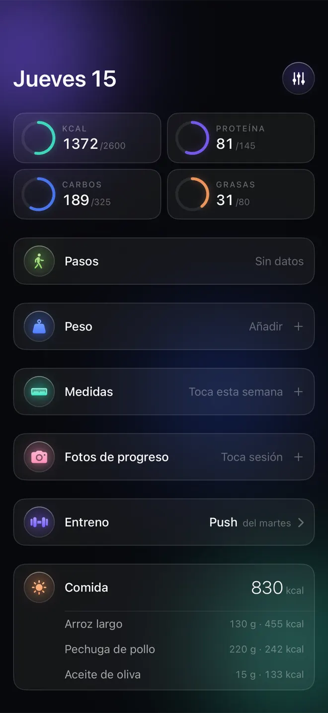 Pantalla Hoy de Umbral: calorías y macros del día, peso, medidas, entreno y comidas